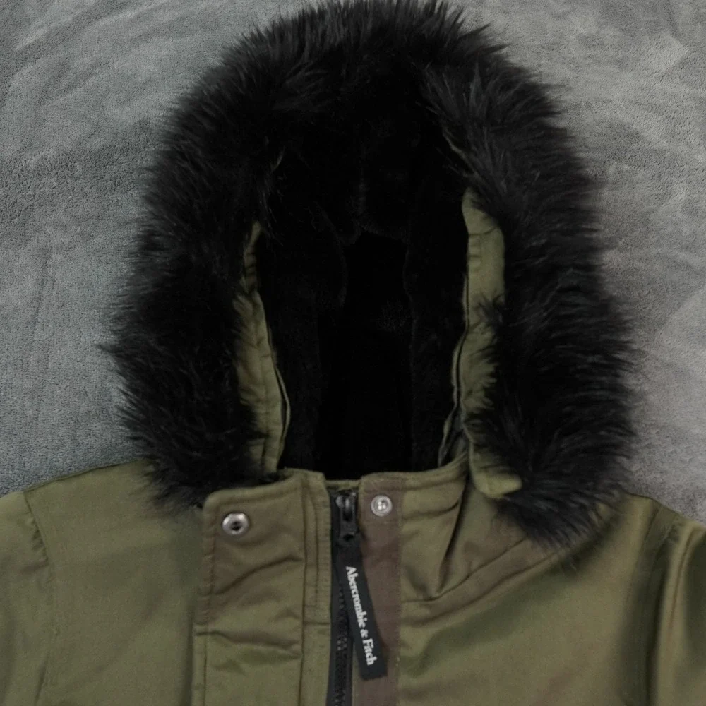 Abercrombie Fitch Jacket Womens XS Olive‎ Green Faux Fur Hooded Puffer Bomber